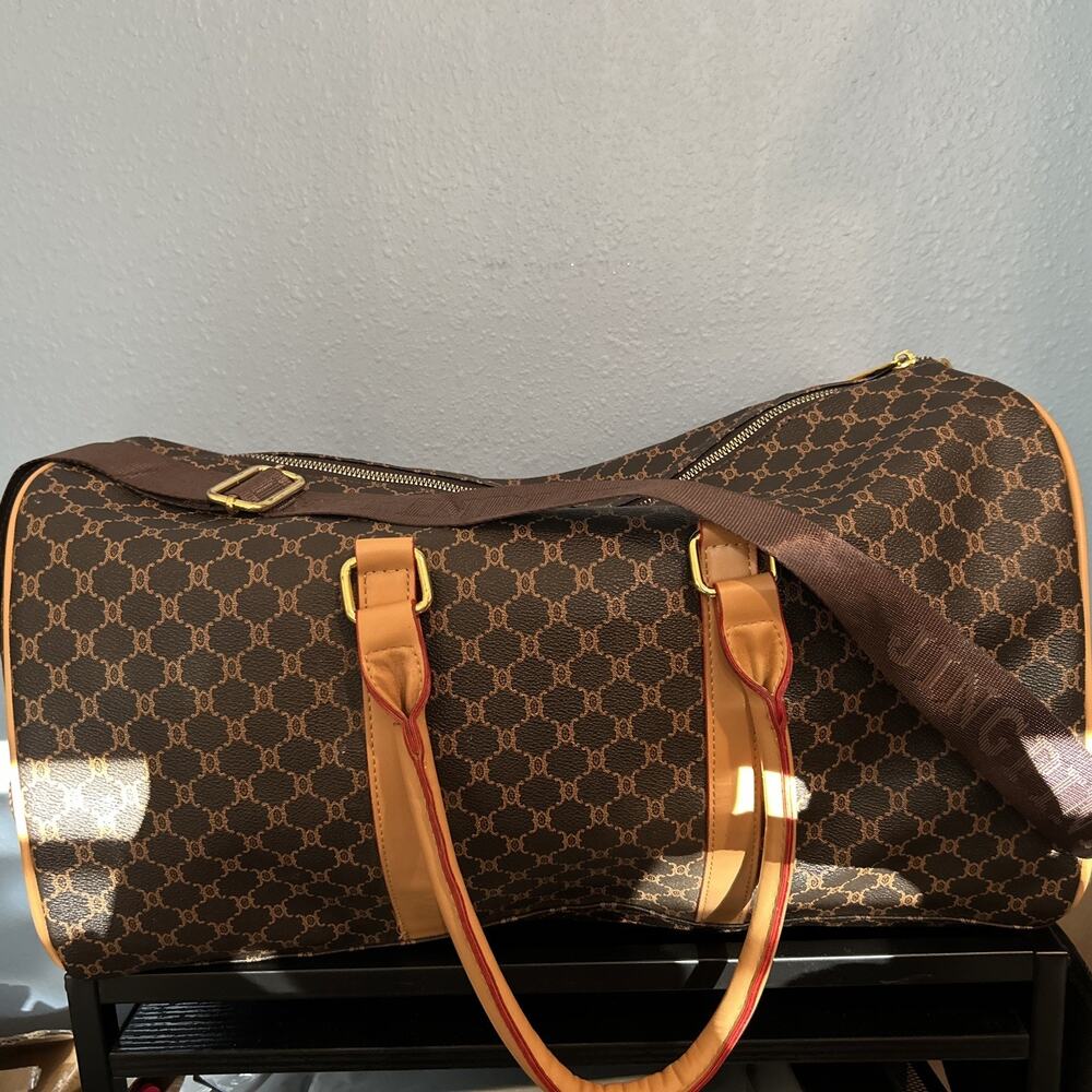 JINGPIN Brown Monogram Duffle Bag Travel Weekender Luggage Shoulder Strap